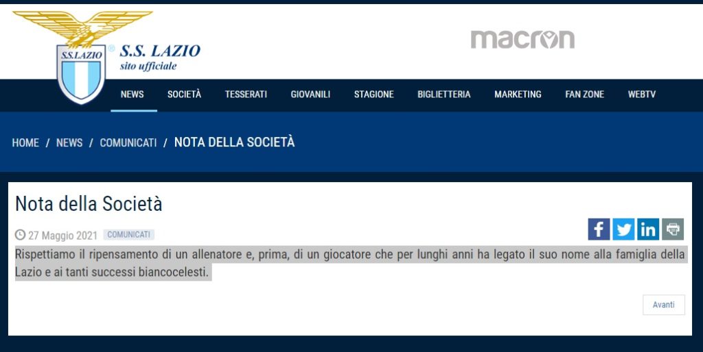 il comunicato della Lazio su Inzaghi