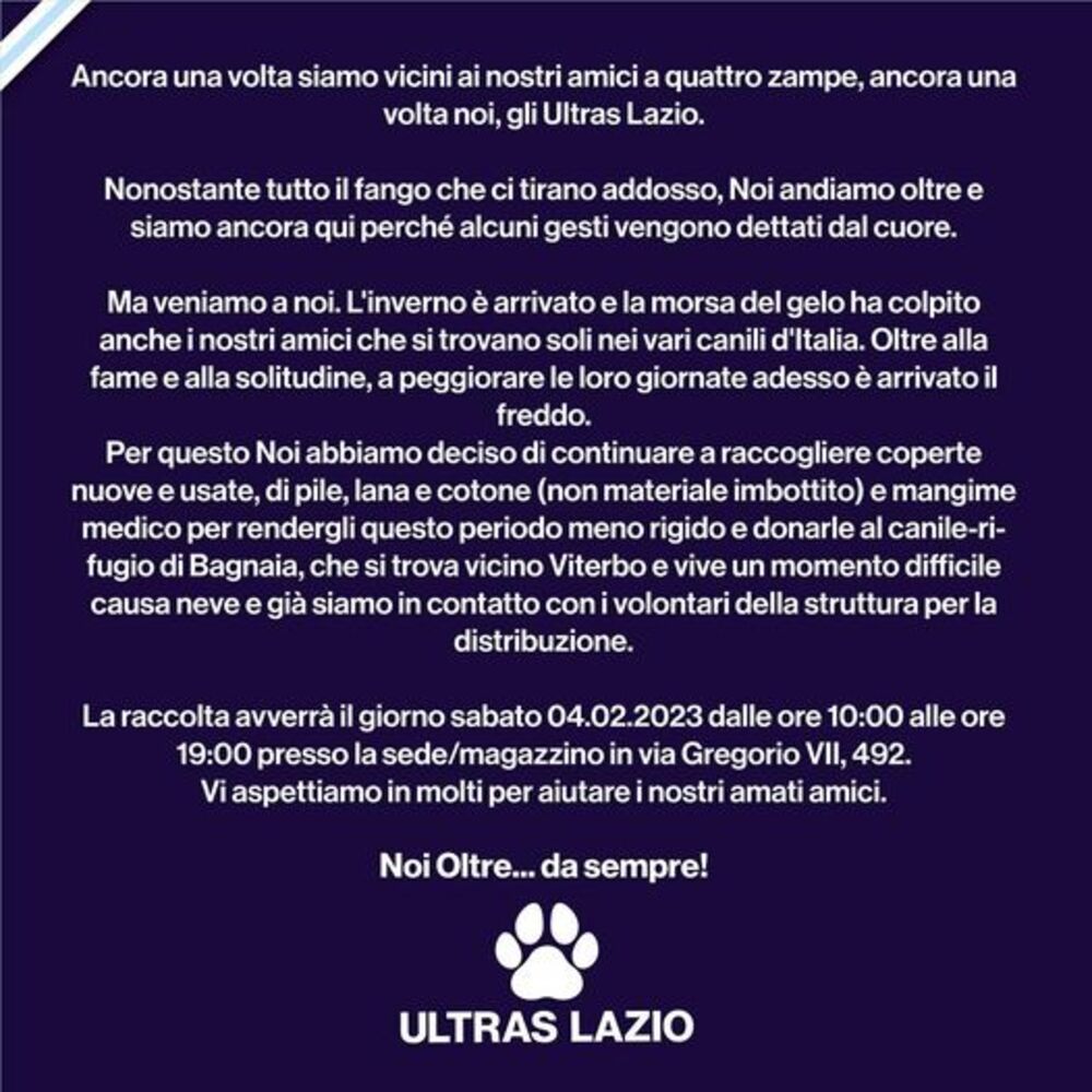 Ultras della Lazio: l’iniziativa per proteggere e aiutare gli “amici a quattro zampe”. Tramite un messaggio gli ultras biancocelesti promuovono l’iniziativa